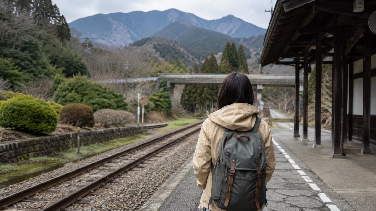 背包旅行者站在山间铁路站台