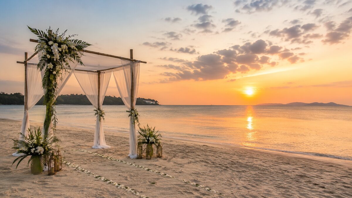 夕阳海滩上的简洁婚礼拱门