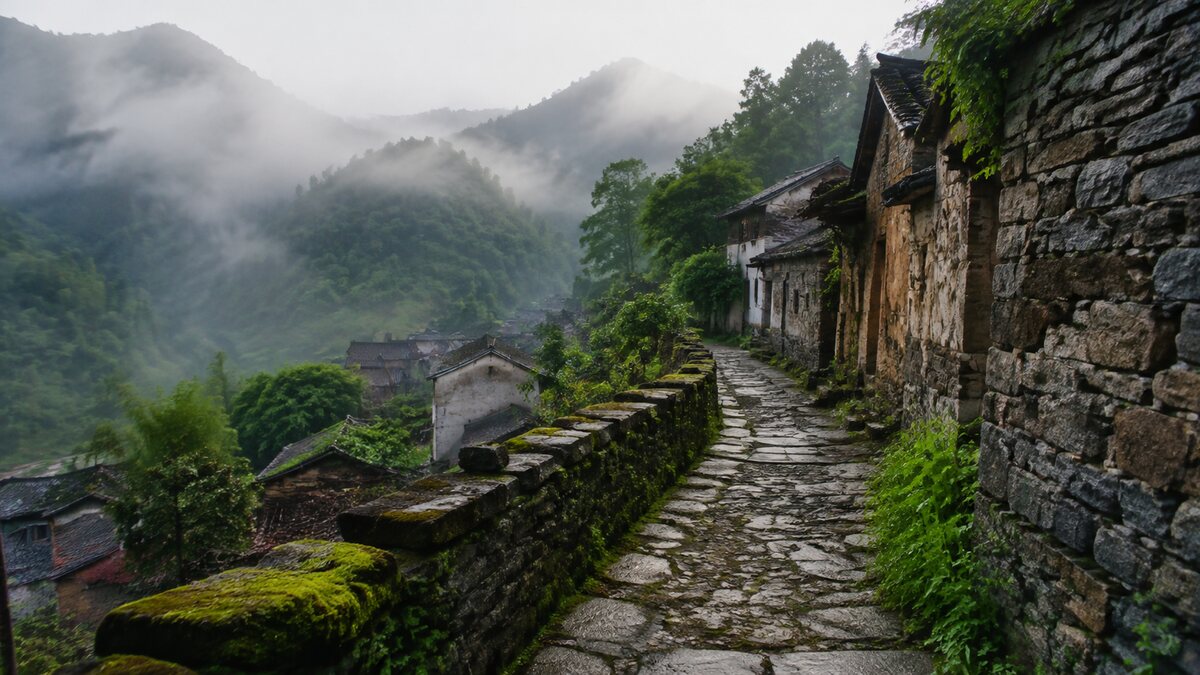 雨雾山间安静的石板古村